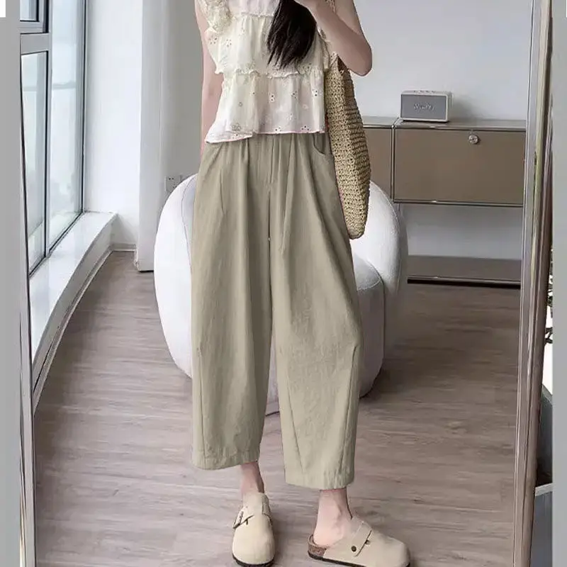 Grandma Style Wide Leg Pants Nine Points Loose Fit Women's Summer Casual Harlan Carrot Pants High Waist Elastic Waistband