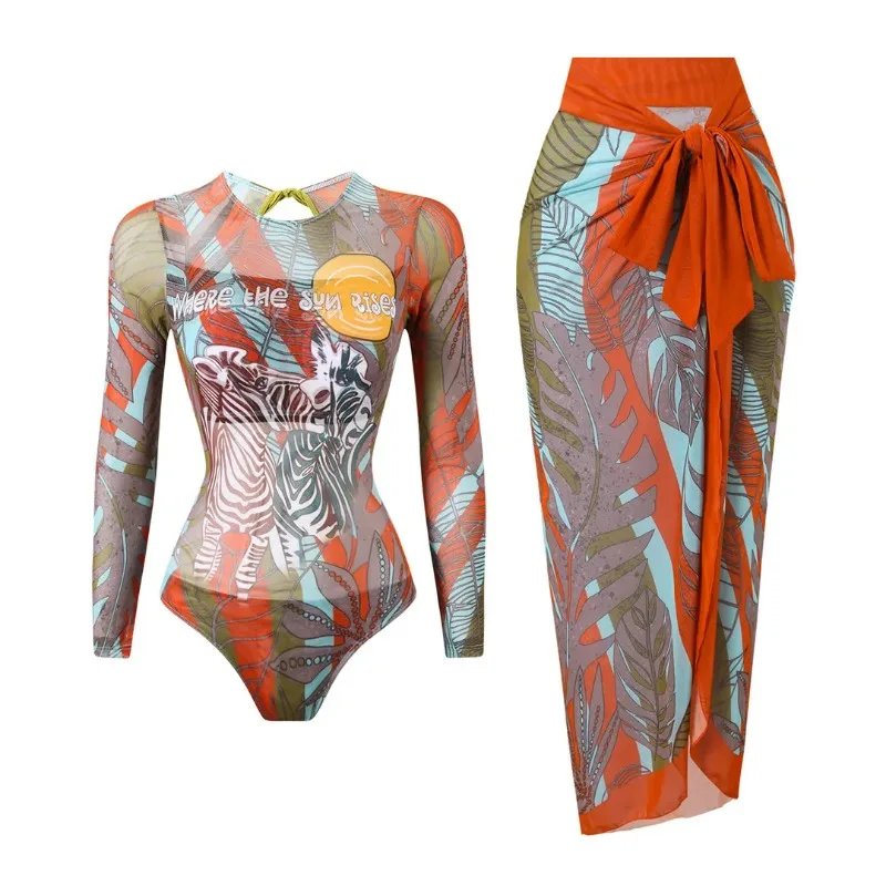 Vintage Print 2 Piece Swimsuit Women's Long Sleeve O Neck One Piece Swimsuit Bandage Cover Up Maxi Skirt Bathing Suit Beachwear