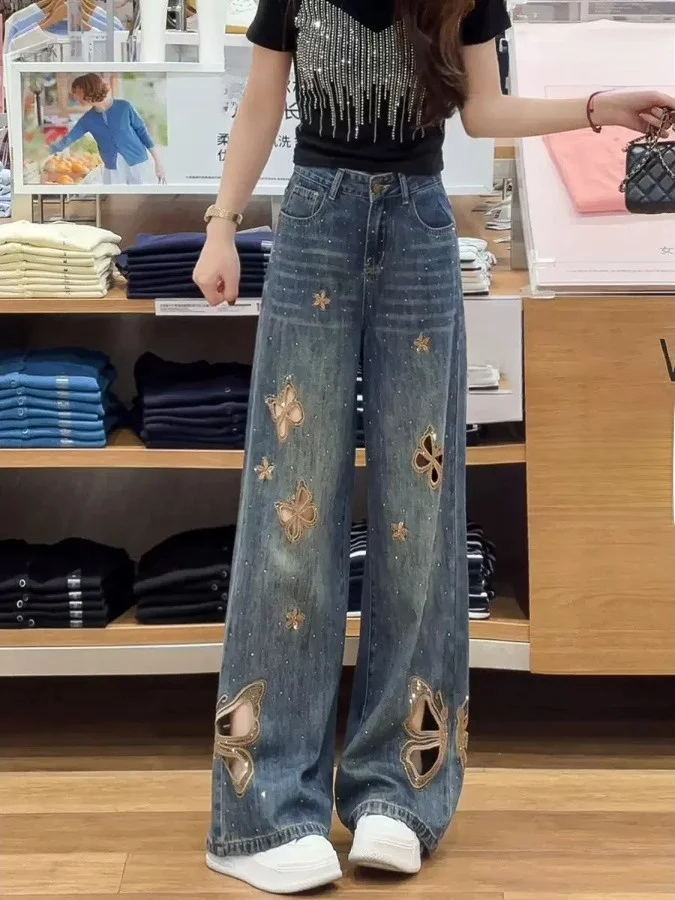 

High Waist Embroidered Rhinestone Hollow out Denim Pants Women's Summer Design Slimming Wide Leg Casual Cotton Jeans
