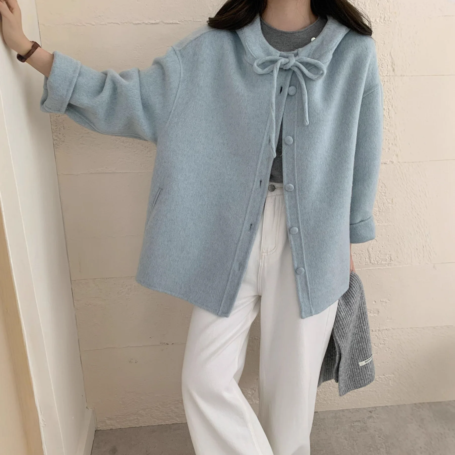 양면 카메라 티 울 코트 여성용 루즈핏 매듭 모자 디자인 겨울 패션 아우터웨어