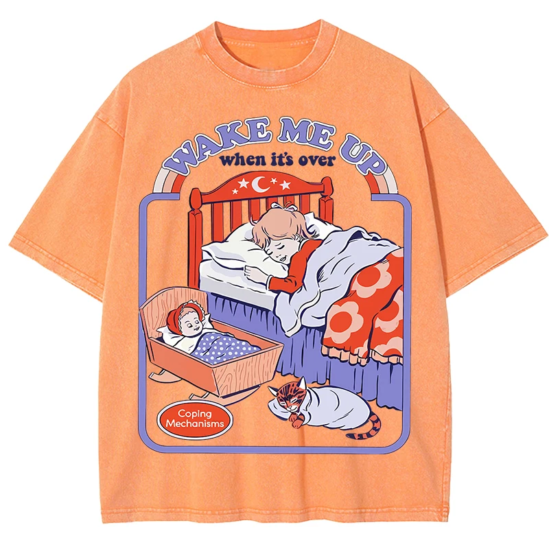 Wake Me Up Pattern Washed Mens T Shirts Comfortable Hip Hop Breathable T-Shirt Unisex Cotton  Clothes Casual Oversize Top