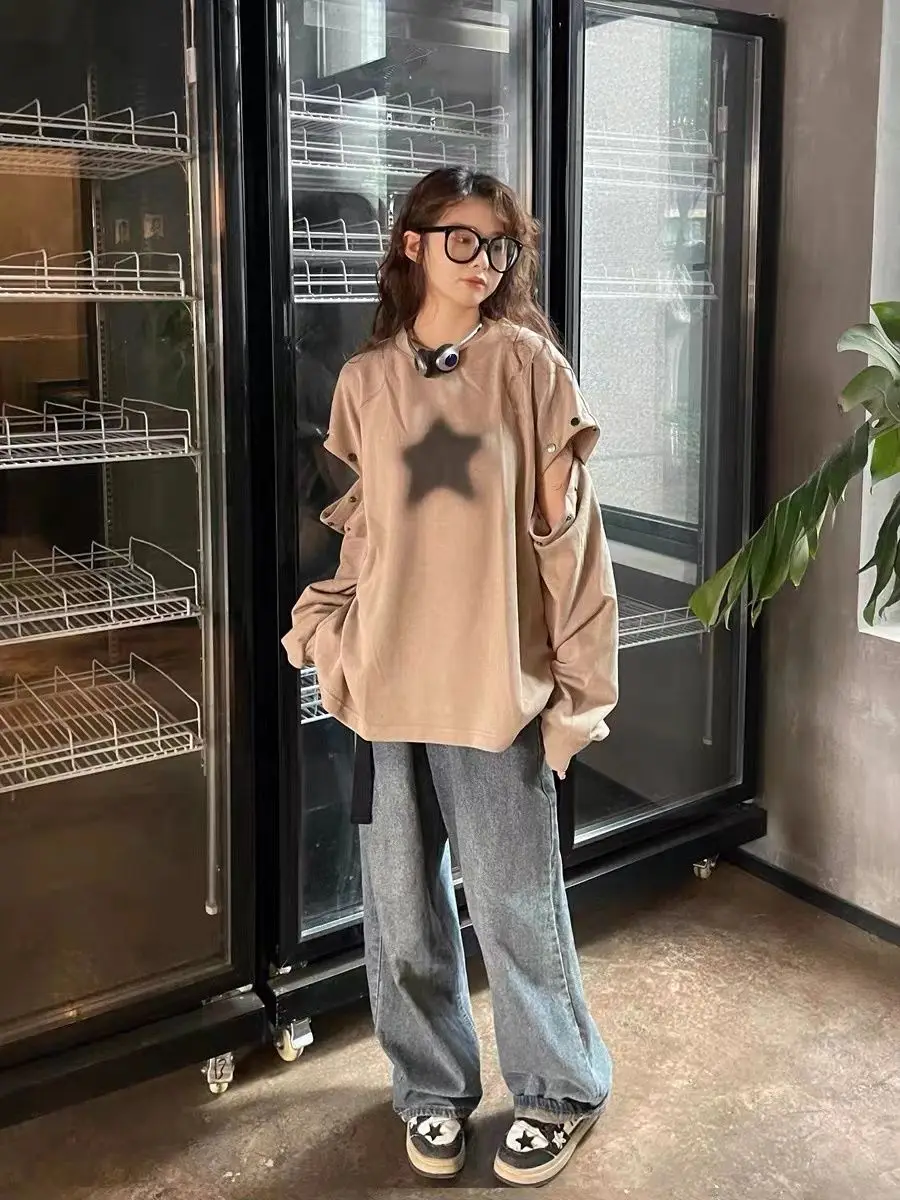 Sweat-shirt femme hauts Patch tridimensionnel coutures délavées contraste couleur kaki Ol Slouchy vêtements d'extérieur de noël