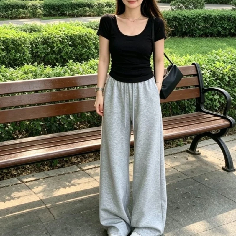 Womens 2026 SS Casual Wide Leg Sweatpants High Waist Adjustable Drawstring Slimming Everyday Trousers