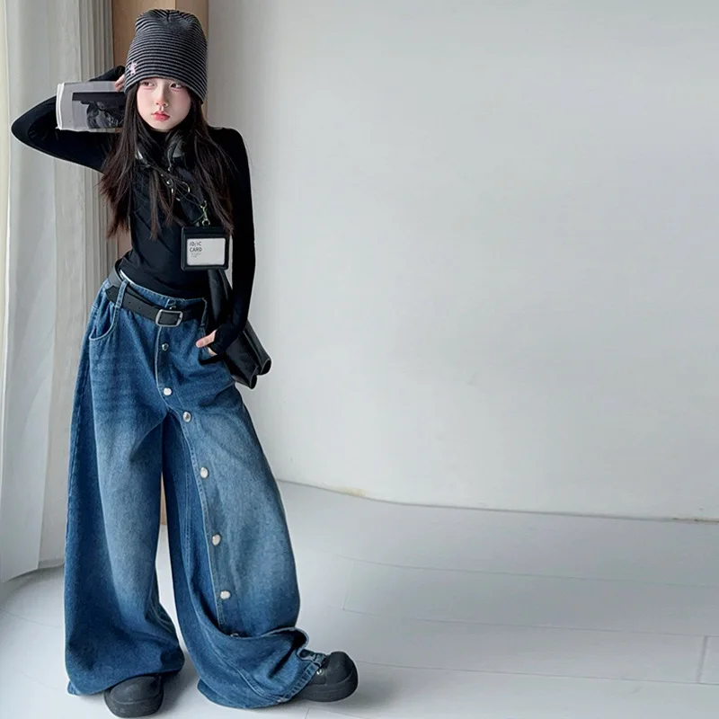 Teen Girls Autumn Chic Casual Wide Leg Jeans Side Buckle Denim Cotton Tops Junior Kid Outfits Child Trousers 4-14 Years