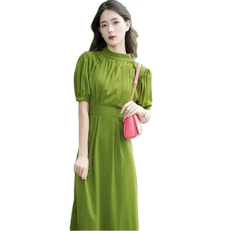 Fashionable Green Women's Dresses Bubble Sleeves Shrink Waist Summer Dresses for Women 2023 New Elegant and Romantic Dress