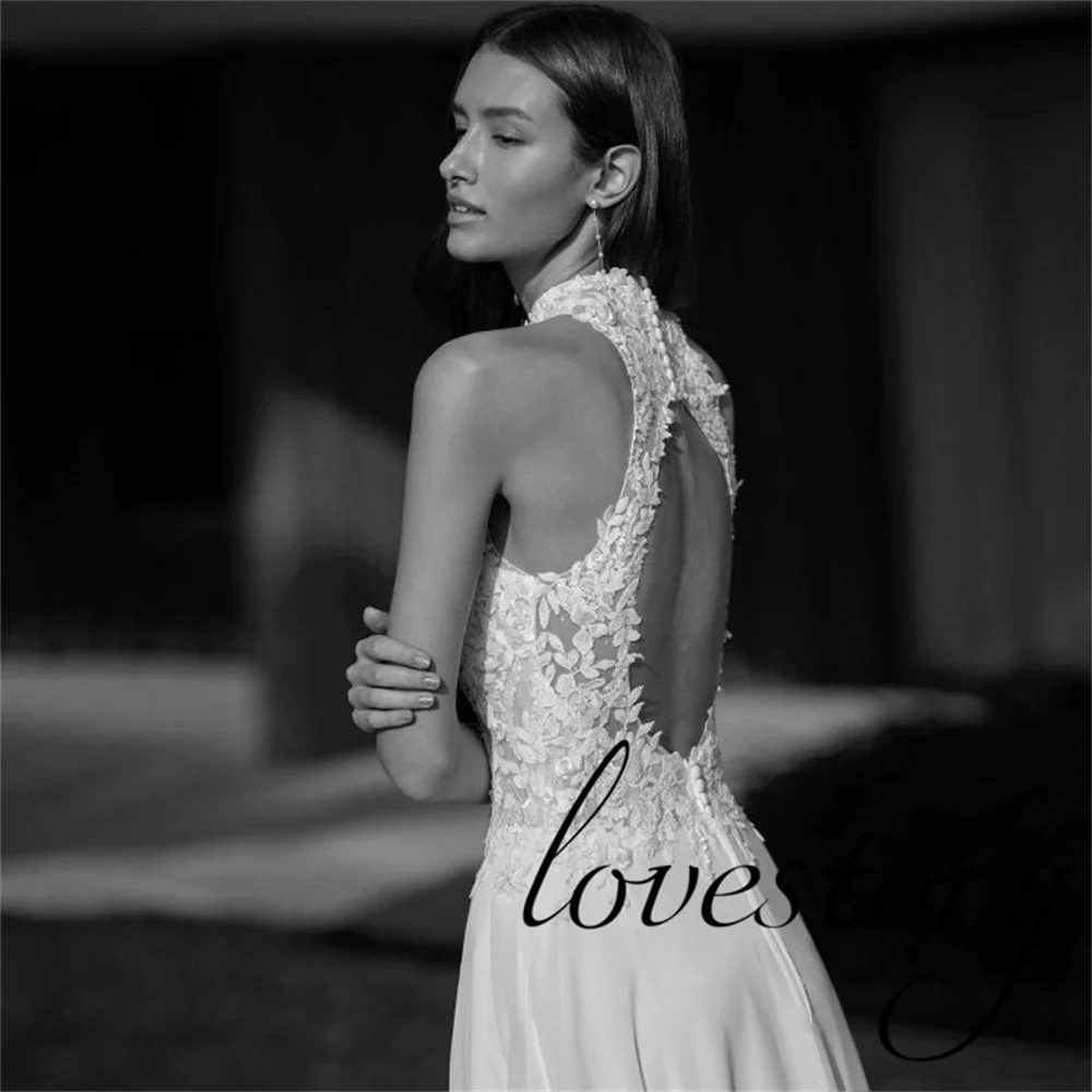 Chiffon Bohemian Wedding Dresses A Line Floor Length Bride Robes Sexy Halter Bridal Gowns Sleeveless Open Back Vestidos De Noiva