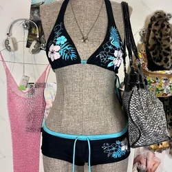 Vintage Flower print Cutie 2 set Bikini 2000s Swimsuit Sexy Women Bathing Fashion Halter Strap Swimwear High Street Beach Female