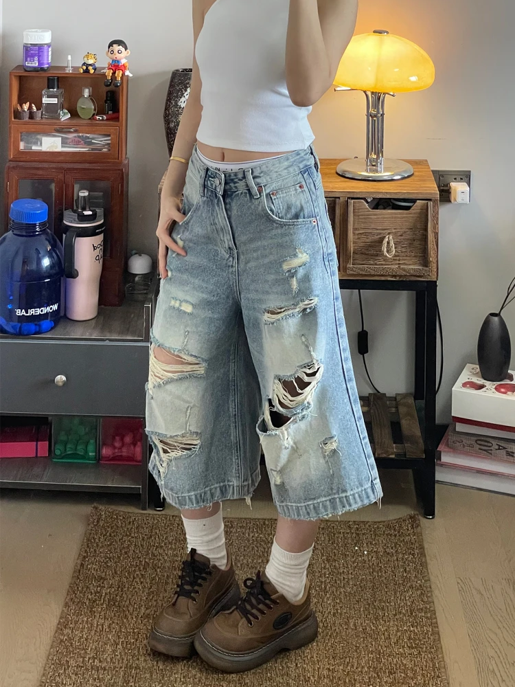 

Мужские летние джинсы в стиле ретро, американские, с эффектом потертости, широкие, свободные, с высокой талией, модные, уличные, с драпировкой, длина 7 дюймов