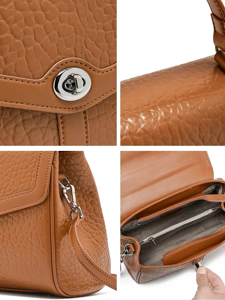 المرأة البقرة الطبيعية الجلد الحقيقي حقائب كتف كلاسيكية السيدات لينة جلد البقر حقيبة كروسبودي تصميم الإناث حقيبة يد فاخرة للتنقل #5