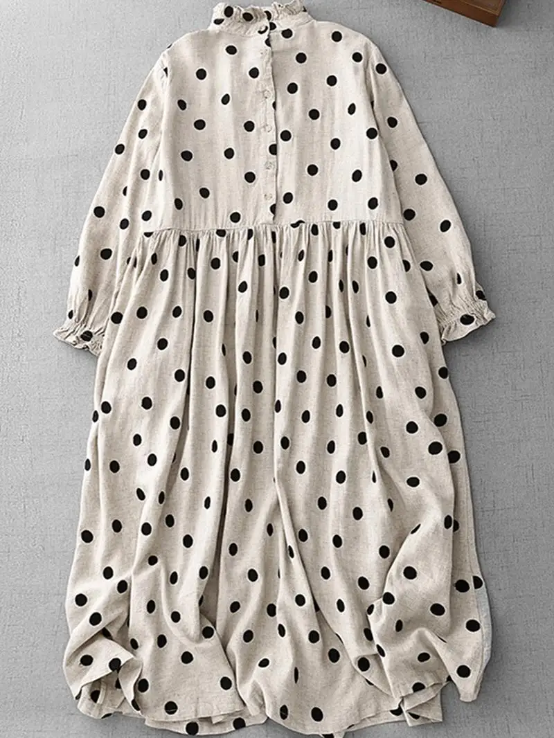Dot Print Commuter Midi Dress Loose Fit plus Size Women's Dress High Waist A-Line Skirt Long Sleeve round Neck Zipper Closure
