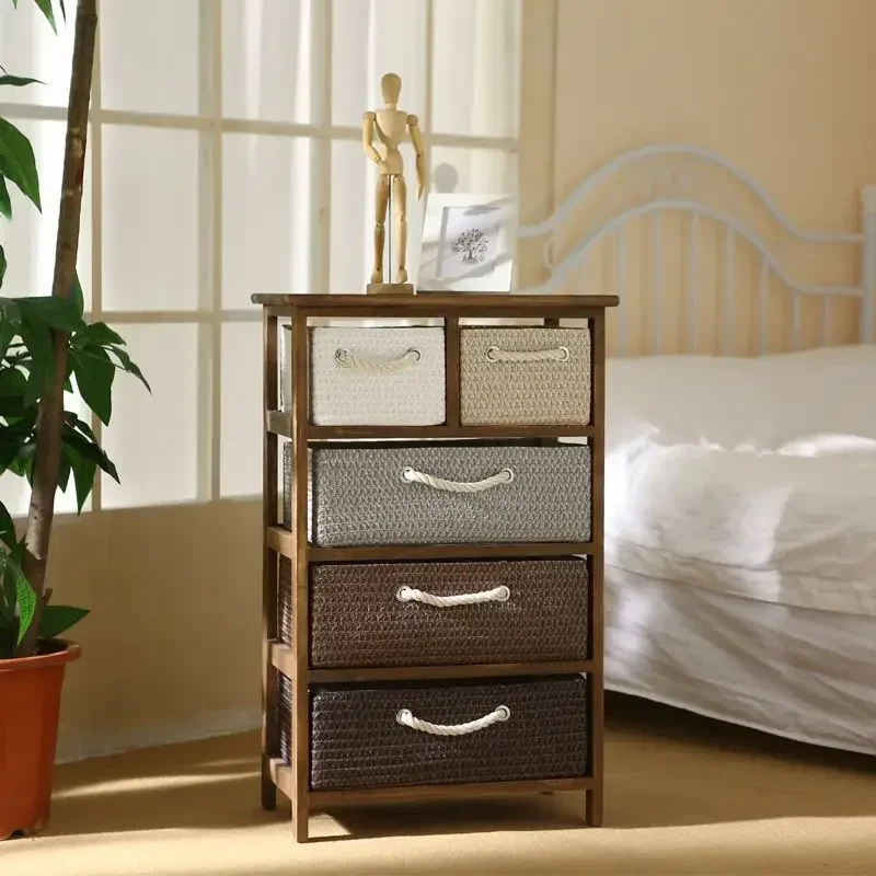 Simple Solid Wood Bedside Table Minimally Rustic Rattan Woven Bedroom Bedside Cabinet Vintage Storage Cabinet Nightstand Rack