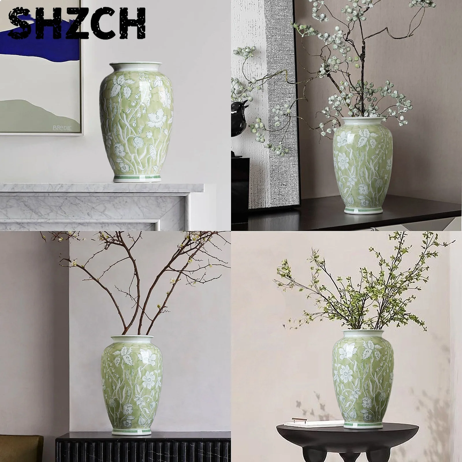 Spring Tender Green Ceramic Vase, New Blue and White Porcelain Vase, Porcelain Foyer Floor Decoration, Living Room Decoration