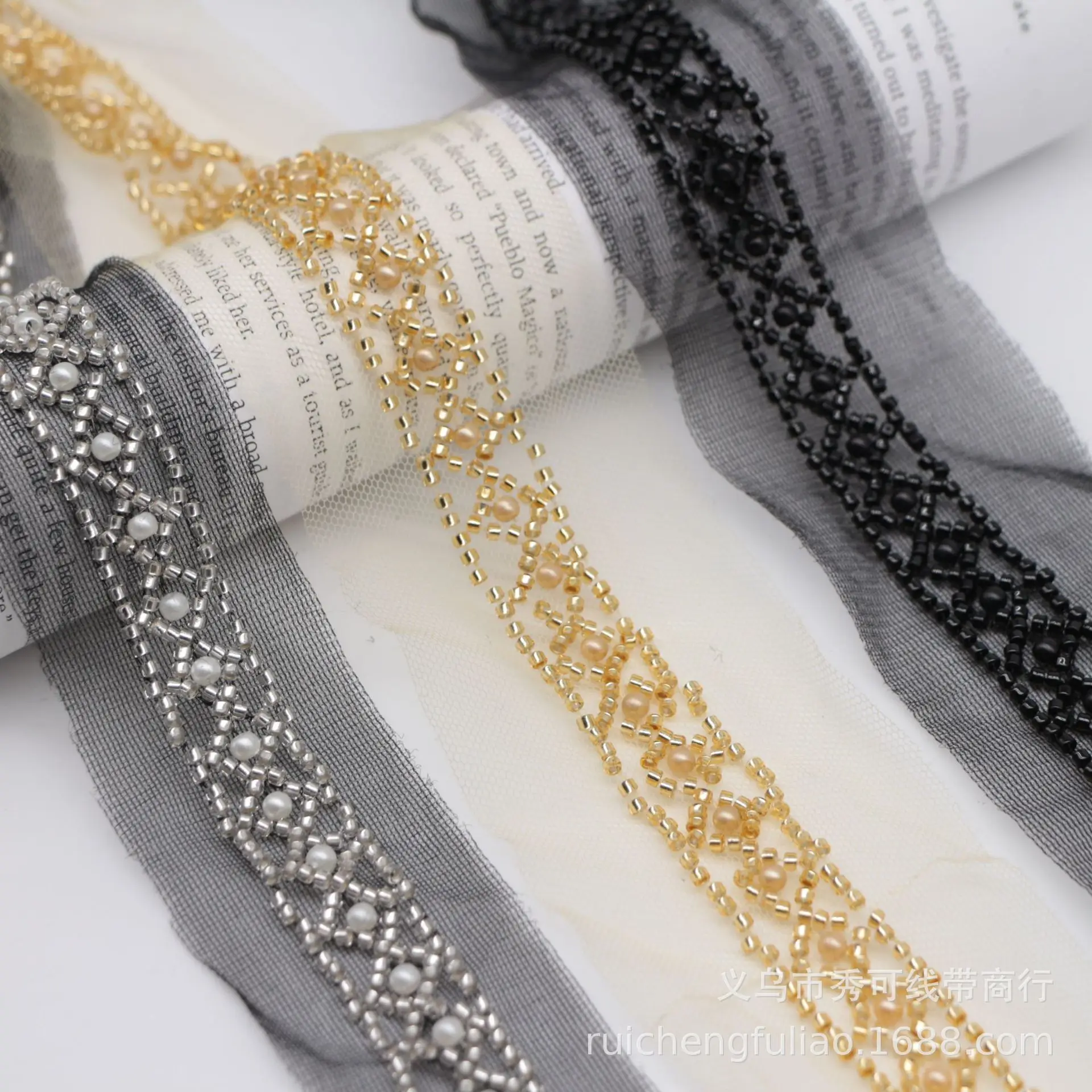 Mesh Handmade Nail Bead Lace Trim Diamond-shaped Rice Bead Lace Pearl Accessories Clothing Hair Accessories DIY Material