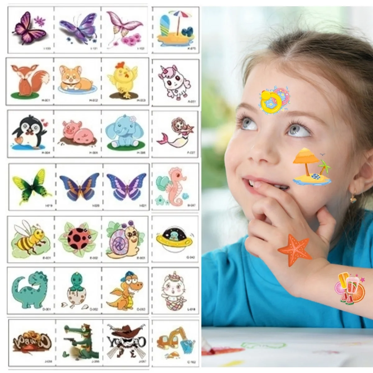 Disposable 102pcs/Set No Repeated Cartoon Temporary Tattoo Sticker Butterfly Dinosaur Car Ocean Mermaid Unicorn Kids Waterproof