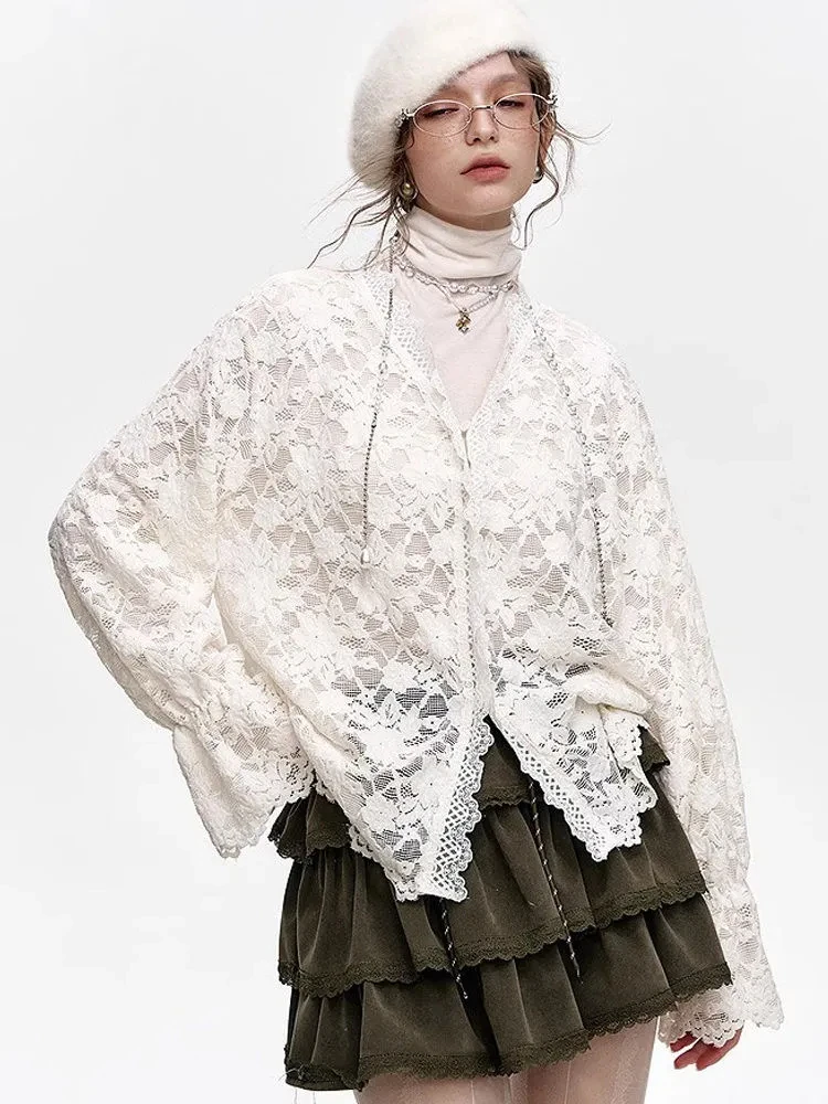 

Белые кружевные блузки 2025 г. Женская одежда Camisas De Mujer Свободные летние рубашки с v-образным вырезом Винтажные женские топы Шикарная прозрачная блузка