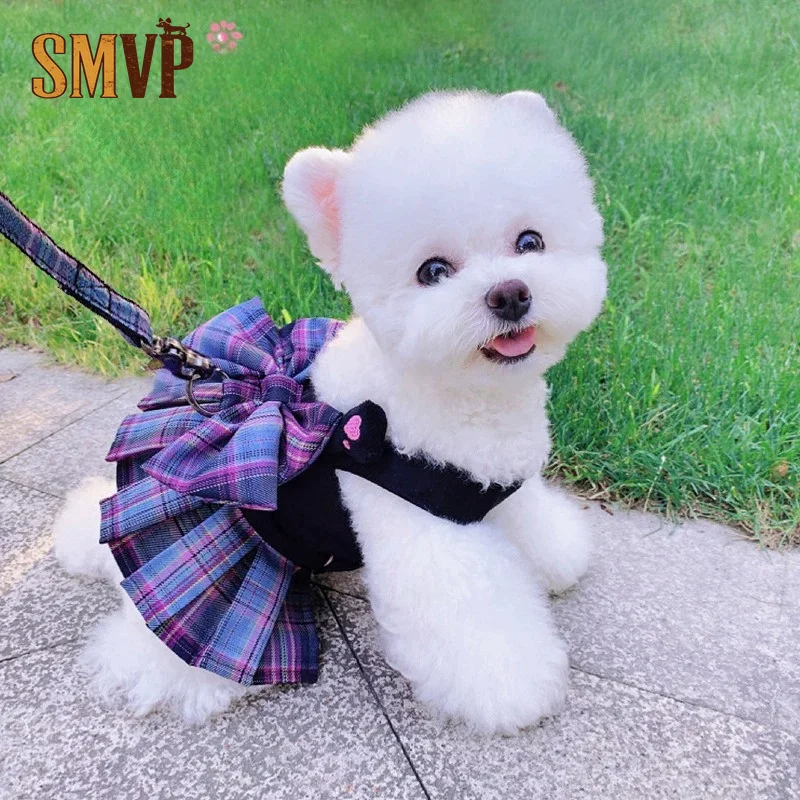 

Cute JK Plaid Pet Dress with Matching Leash Harness Vest for Small Dogs and Cats Perfect for Daily Walks Puppy Clothes