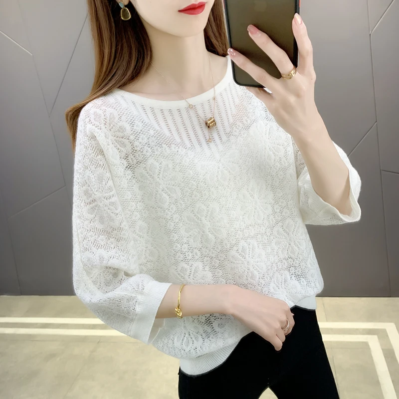 2024 Spring New Hollow Knitted Pullover Women's Thin Sun Protective Clothing Loose Fashion Sweater Versatile Loose Top