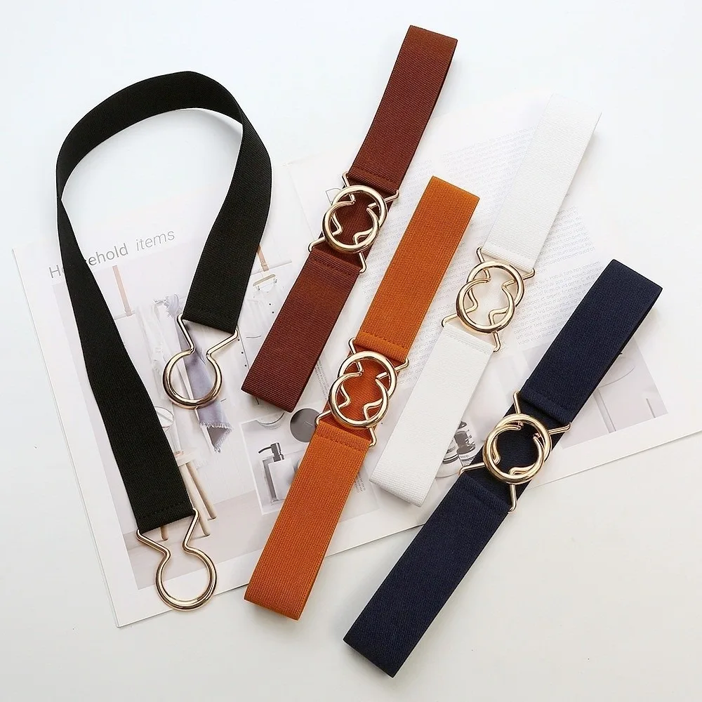 Thin Versatile Elastic Belt 3.8cm Wide Round Ring Buckle Metal Buckle Belt Adjustable Stretch Belt for Women