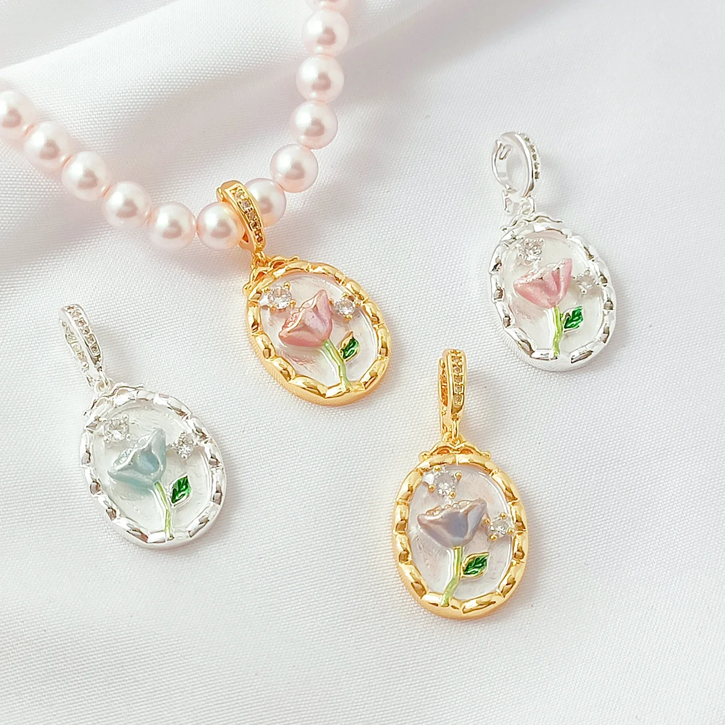 

14K Copper Plated with Thick Silver and Set with Zirconium Monet Garden Pendant Diy Tulip Pearl Clasp Bead Spacer Accessory