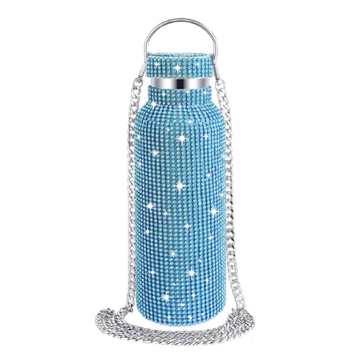HITL Diamond Stainless Steel Water Bottle Portable Glitter Rhinestone Water Bottle Crossbody Bling Thermal Flask 600ml E