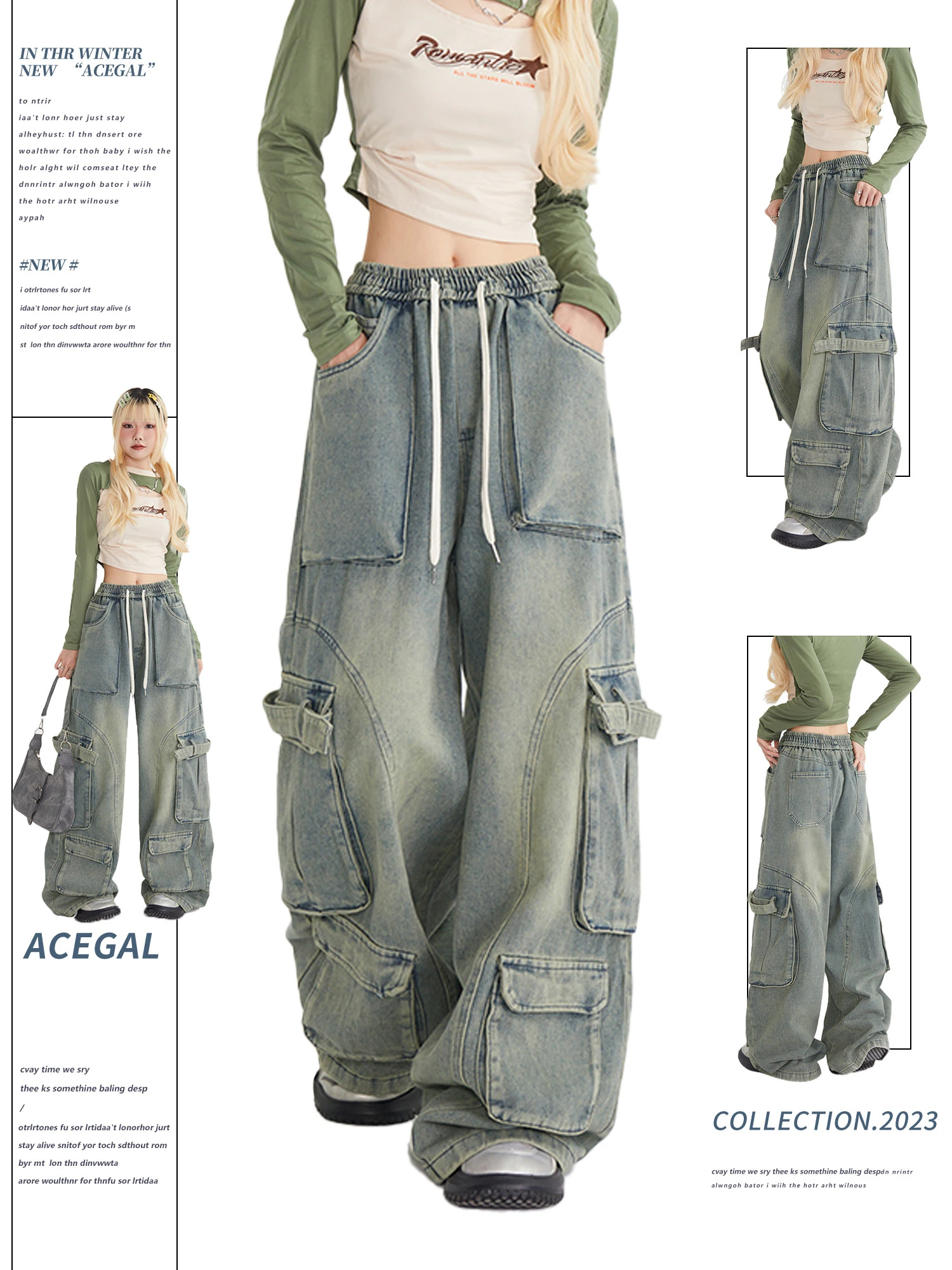 

Women's High Waist Wide Leg Cargo Jeans Drawstring Multi - Pocket Vintage Washed Y2K Streetwear Loose Denim Trousers