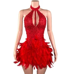Sparkly Red Rhinestones Pearls Halter Backless Mini Feathers Dress Women Sexy Celebrate Birthday Dress Performance Dance Costume