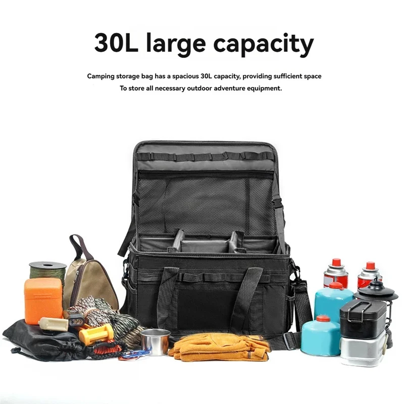 

30L Cooking Utensil Organizer Multi Compartments Outdoor Camping Storage Bag Camping Utility Tote Bag For Picnic Black