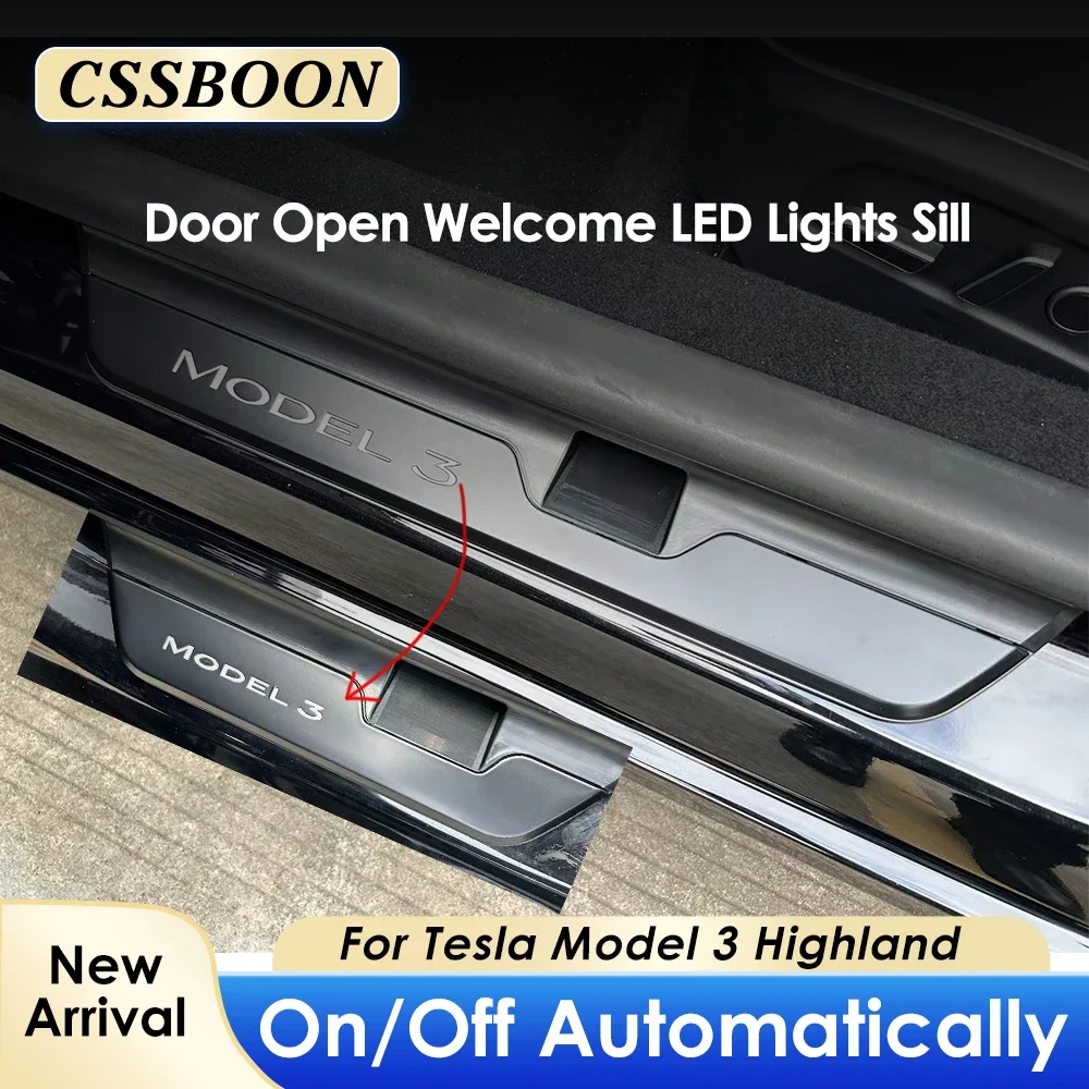 

CSSBOON Door Sill Protector Cover 4PCS for Tesla Model 3 Highland Car LED Welcome Light Pedal Illuminated Accessories Auto Sense