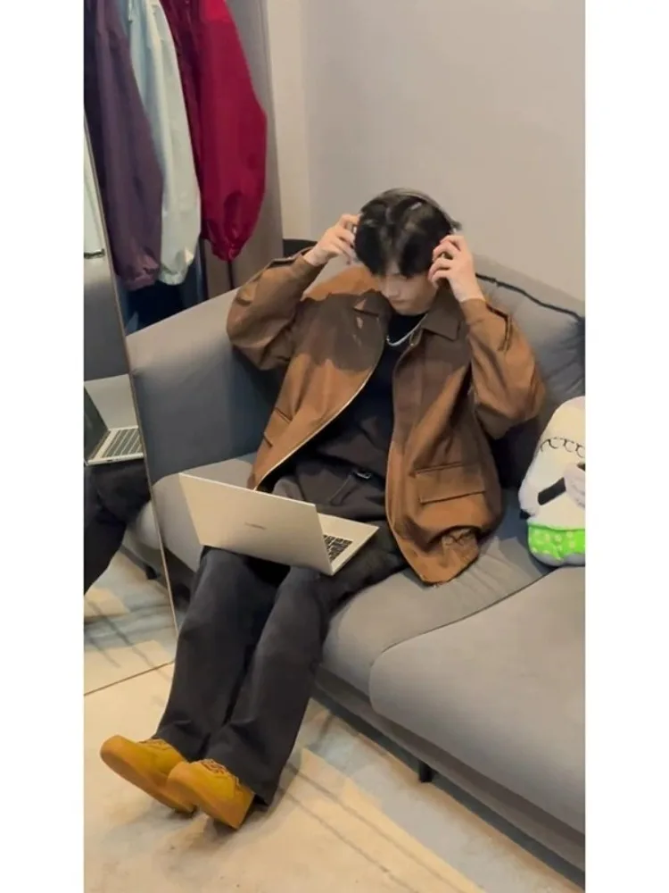 

American Retro Brown Leather Jaet Men's High Sensation M Workwear oulder Pad Autumn Detroit Jaet Outerwear