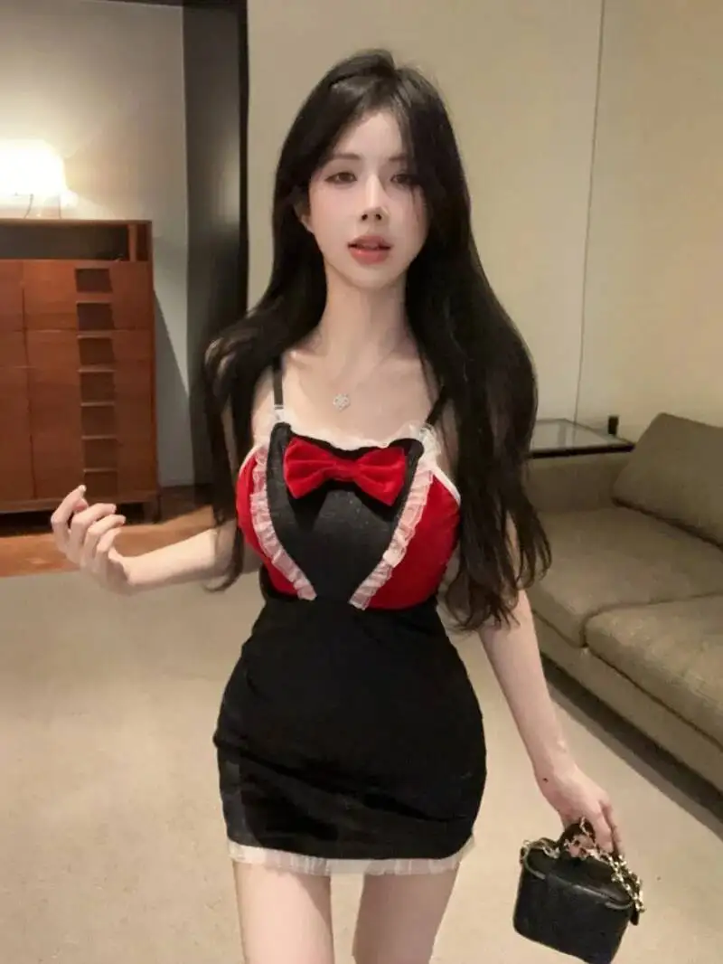3D Bow Decoration Pure Desire Splicing Suspender Low Cut Hip Hugging Lace Christmas Dress Elegant Sweet Fashion Women WHY8