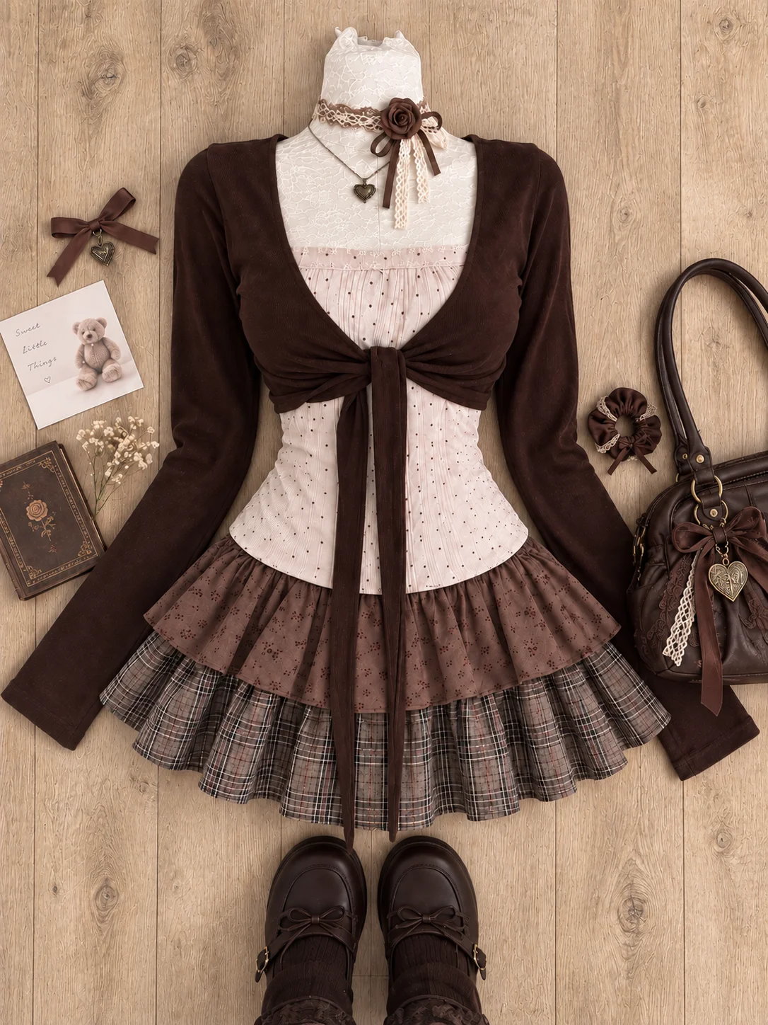 Japanese Sweet Preppy Style 2 Piece Set Women Kawaii Lace Patchwork Bow Tops + Y2k Plaid Mini Skirt Elegant Outifits Skirt Set
