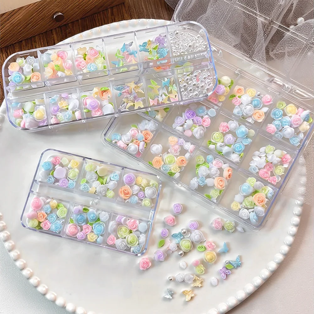 12 Grids Macarons Glitter Roses Leaf Pearls Nail Decorations Roses Butterflies Resin Nail Charms Romantic Floral Manicure Jewelr