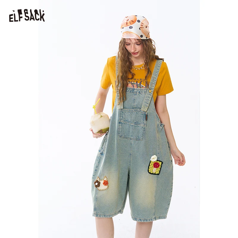 

ELFSACK Women's Denim Short Overalls with Food Patch Embroidery, Distressed Loose Balloon Jumpsuit for Daily, Casual Bib Short P