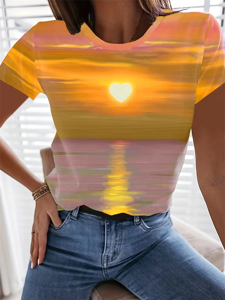 Women's Fashion Short-Sleeve T-Shirt Casual Comfortable Sunset Print Tops Elegant Womens Round Neck Top Everyday Versatile Tees