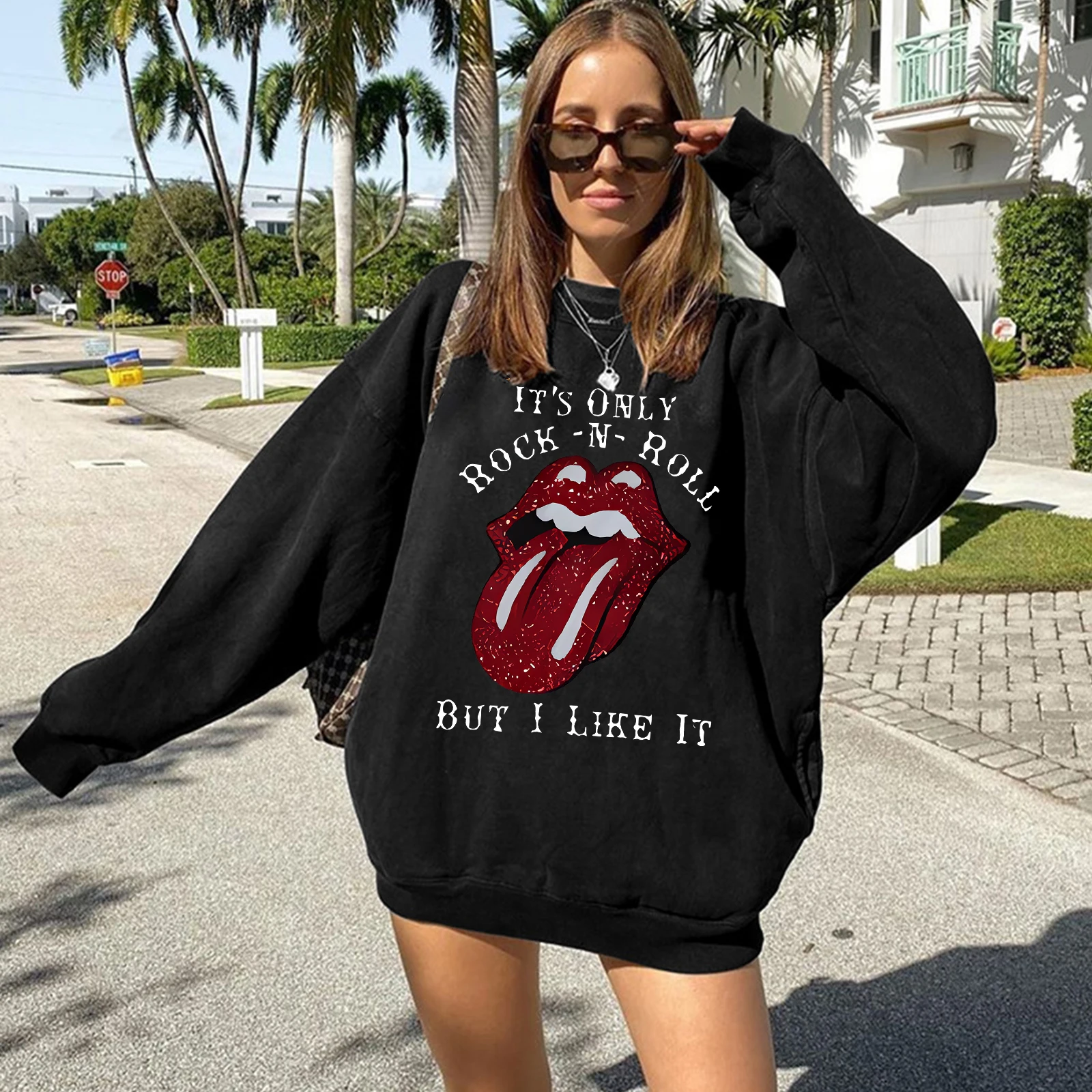 IT\'S ONLY ROCK -N-ROLL BUT I LIKE IT Print Women Sweatshirt Drop Shoulder Long Sleeve Casual Round Neck Tops Women Clothes