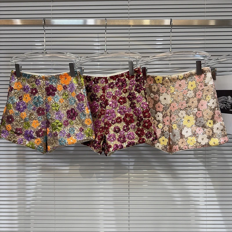 

Fashion Short Pants Female New Arrivals Colorblock Floral Printting High Waist Zipper Minimalist Slimming Shorts Pants