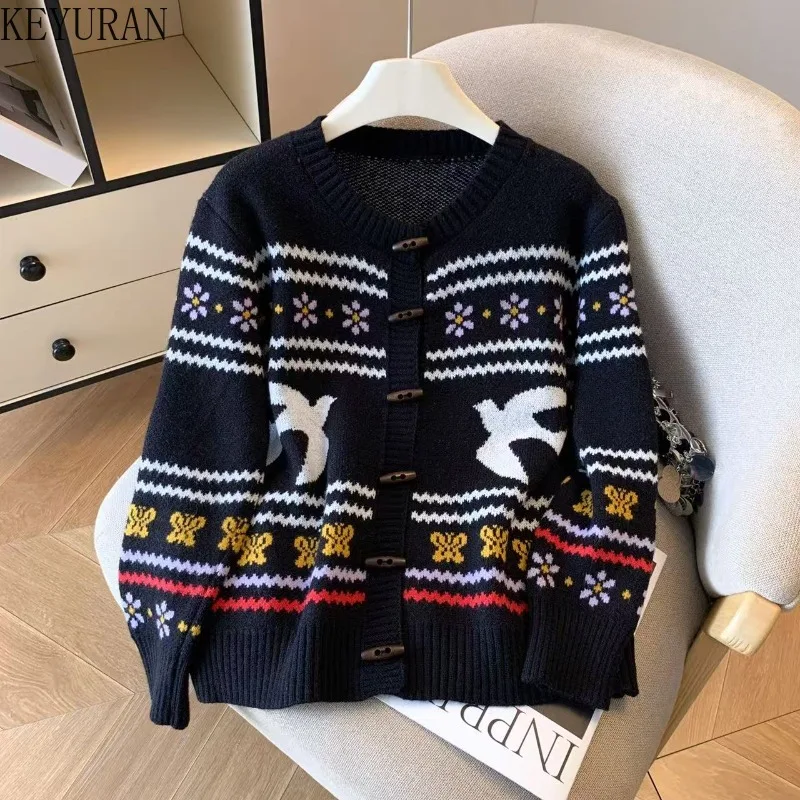 

Korean Chic Knit Sweater Cardigan Women Spring Autumn New White Dove Jacquard Horn Button Lazy Casual Loose Knitwear Tops Jumper