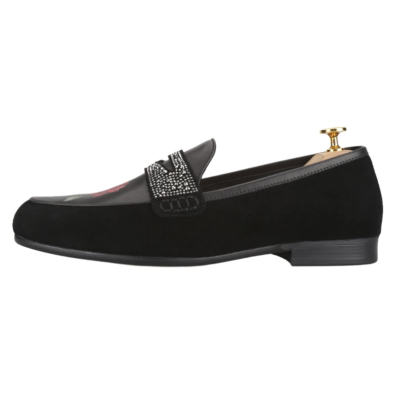 Piergitar 2025 Classic Model Black Genuine Leather Men Penny Loafers With Crystals Cross Strap And The Rose Painting For Wedding