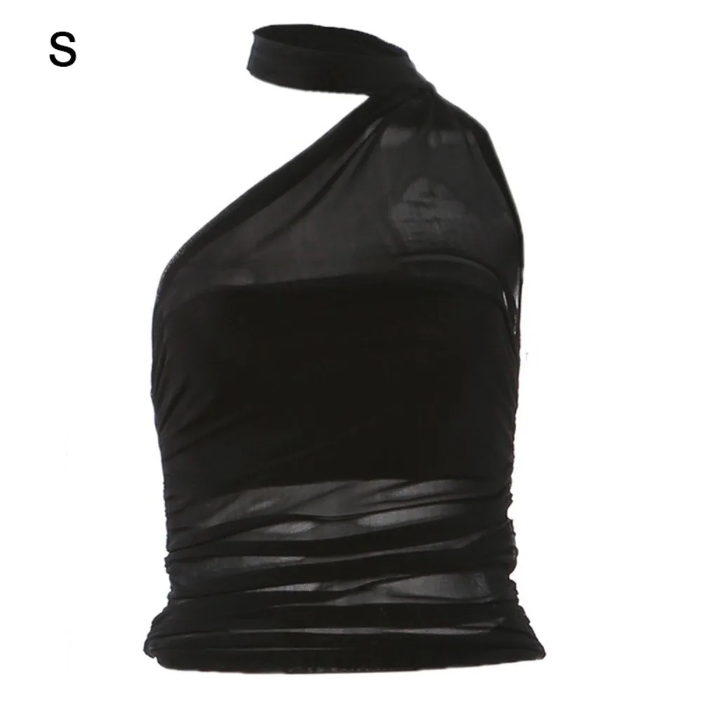 

Sleeveless Design Mesh Tank Top See Through Mesh Fabric Halter Top Navel Exposed Irregular Shape Ruched Crop Top Streetwear