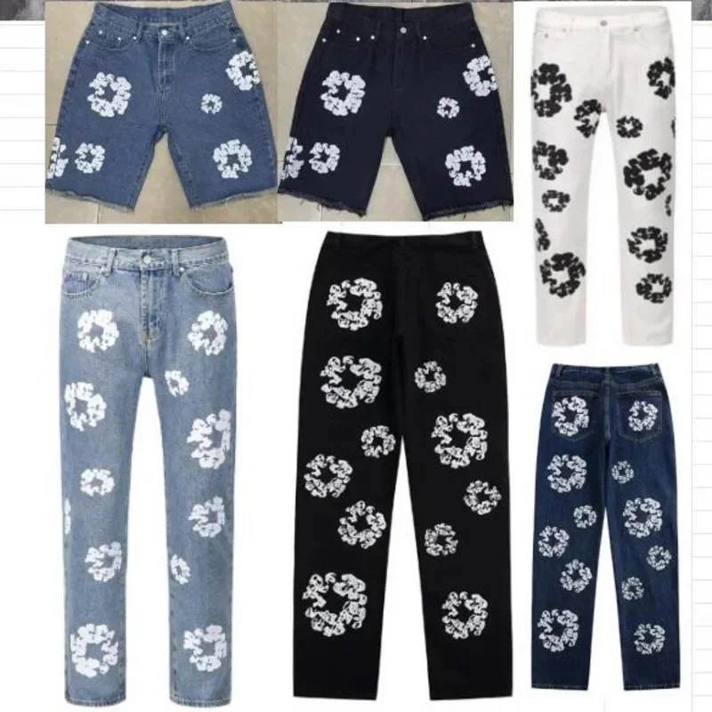 Amerikaanse Trendy Gewassen Jeans Met Kapok-Print 2024 Nieuwe Mode-Unisex Losse Casual Broek Met Rechte Pijpen, Korte Broek En Hiphop Streetwear