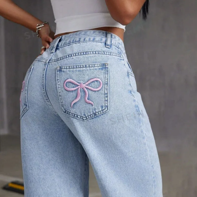 

Fashion Retro Bow Embroidered Jeans Women'S Straight Leg Slim Fit Jeans Pants Baggy Y2k Jeans A