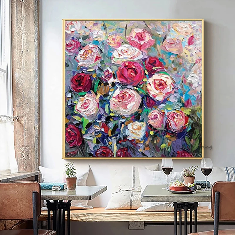 100% Handpainted Impasto Rose Oil Painting Palette Knife Vibrant Floral Square Canvas Home Wall Decor