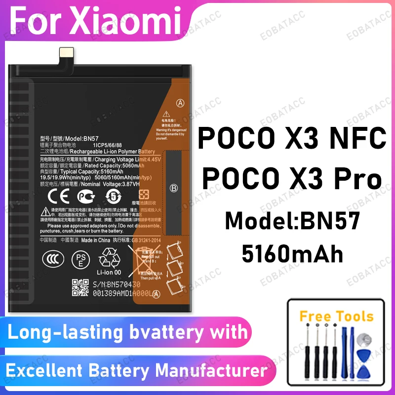 

100% New 5160mAh BN57 Battery For Xiaomi POCO X3 NFC/POCO X3 Pro Battery Replacement Bateria+Free Tools