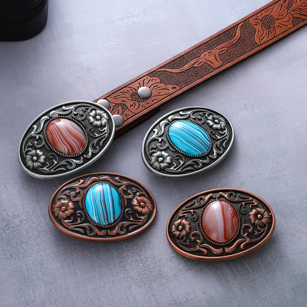 Western Retro Carved Old Tin Old Red Copper Inlaid Gem Shape Printed Belt Buckle Head Accessories