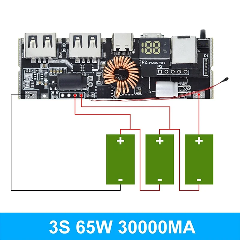 QC3.0 3S/4S/5S 65W 100W แบตสำรองพอร์ตคู่แบบชาร์จเร็วโมดูลไฟฟ้ามือถือ18650การป้องกันอุณหภูมิในการชาร์จ