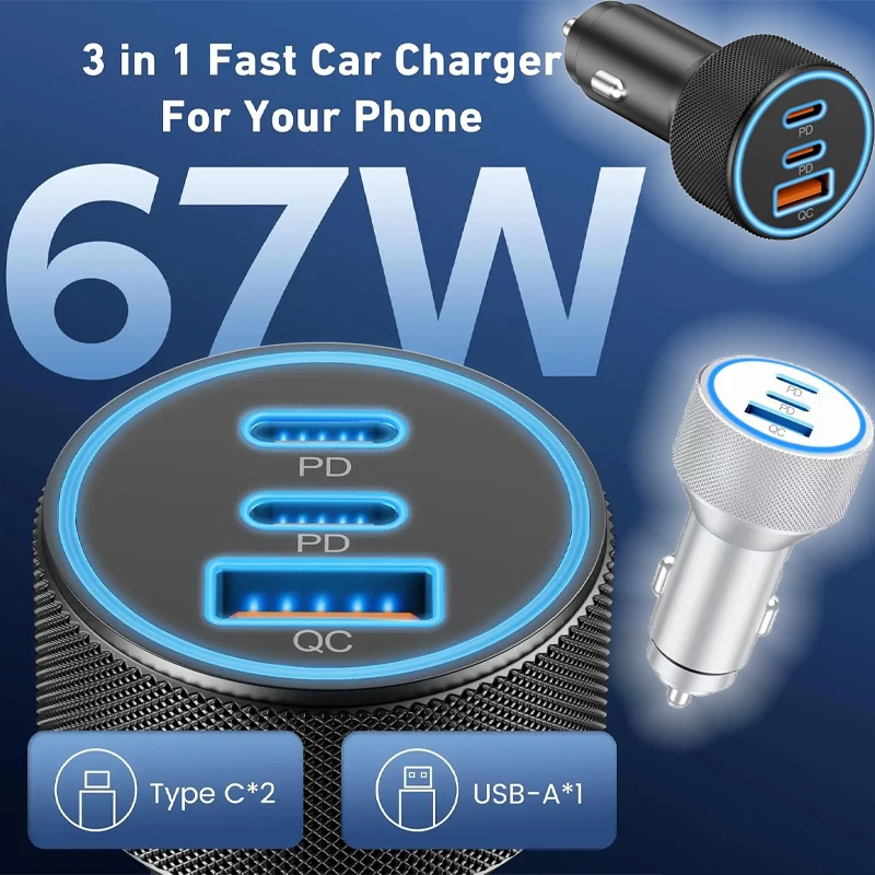 3Port 67W Car Charger for Mobile Phones Cigarette Lighter Socket with Fast Charging USB-C USB-A Compatible with Multiple Devices