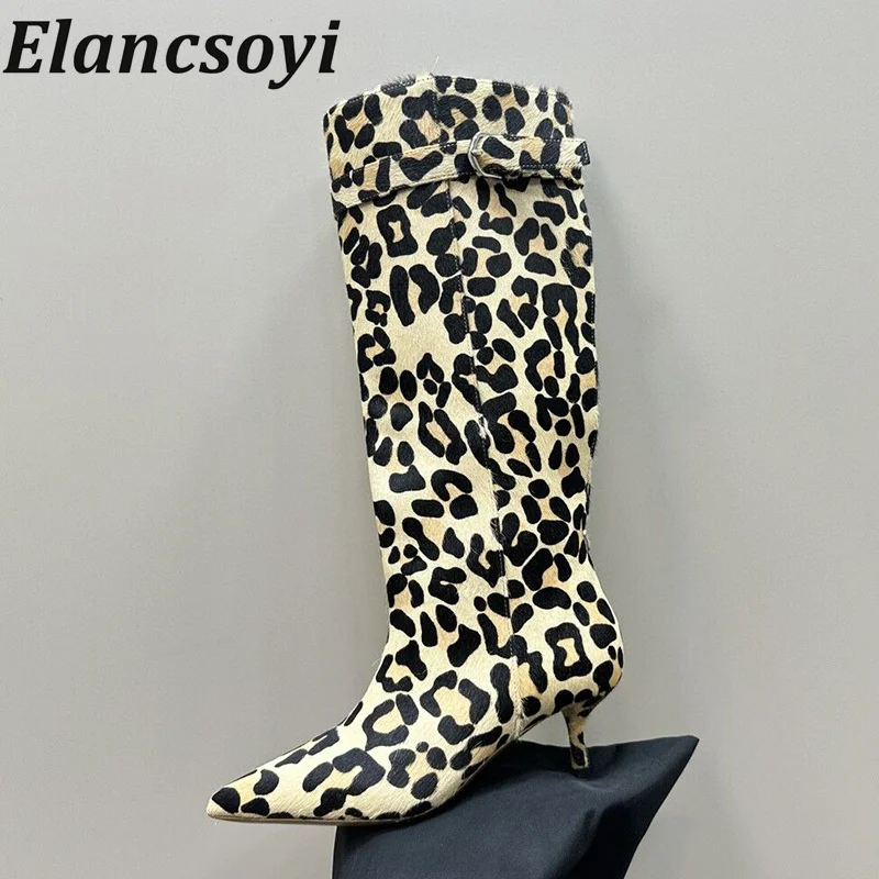 

Autumn Winter Genuine Leather Leopard Print Pointed Toe Long Boots Women Solid Color Roman Knee Hith Boots Western Modern Boots