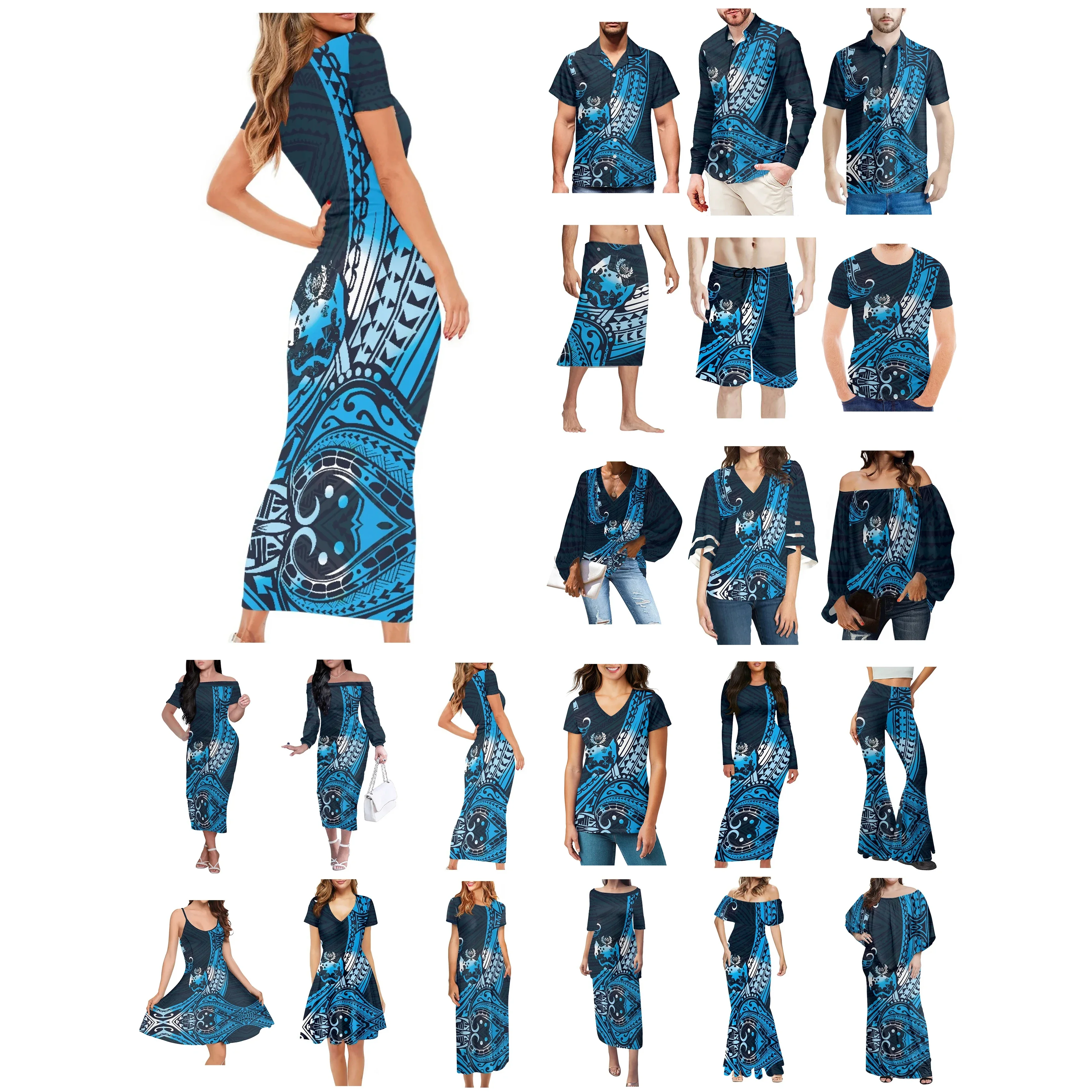 

Polynesian Tonga Tribal Tattoo Prints Clothes Women Dress Matching Men Shirt New Style Blue And Black Comfortable Lovers Clothes