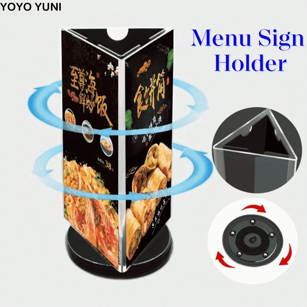 360 Degree Rotating Menu Sign Holder Smooth swivel Three Side Acrylic Table Number Holder Protective Reusable