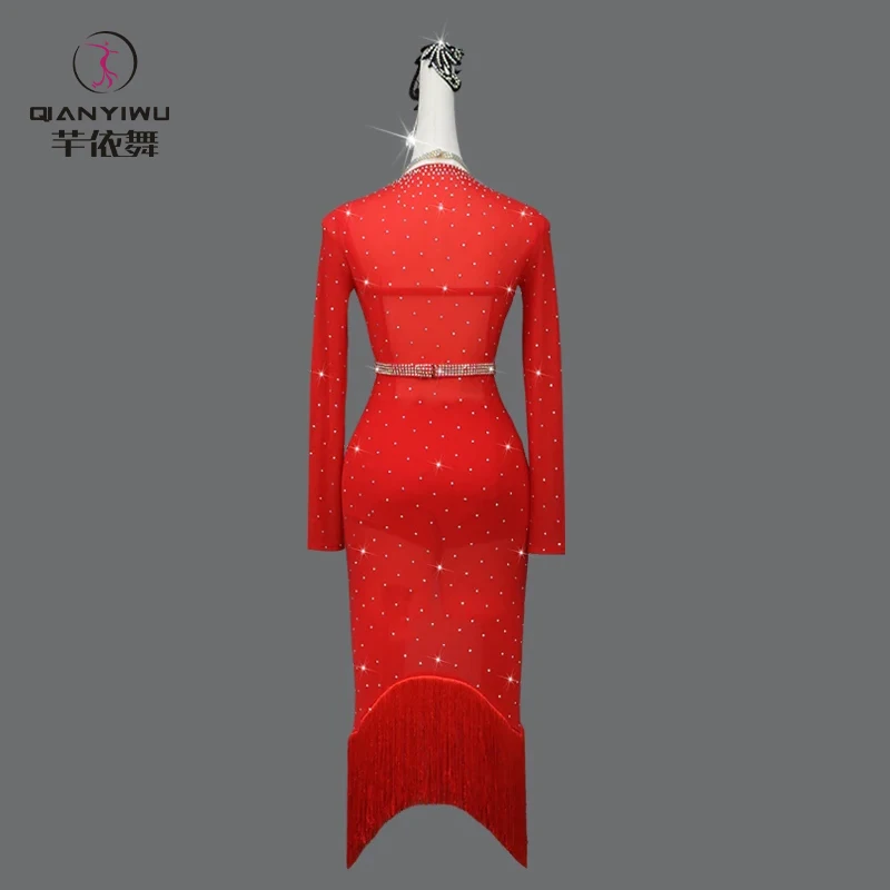 Abito da ballo latino per ballo di fine anno Abbigliamento da pratica per donna Costume sportivo Sala da ballo Concorso americano Abito midi con nappa Gonna da palcoscenico per ragazza